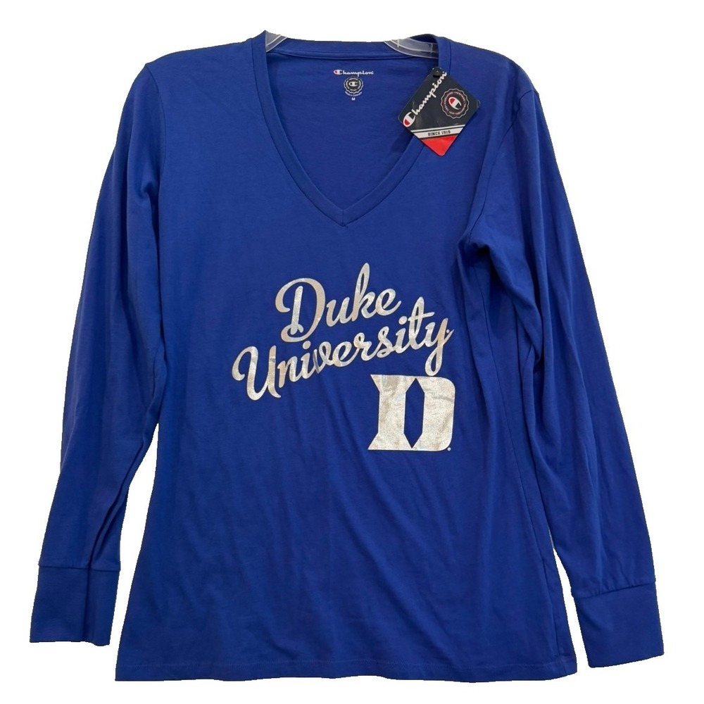 NWT Duke University‎ Women's Champion V Neck Long Sleeve Silver Logo Size Medium